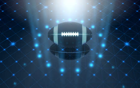 A futuristic sports concept of an amarican football  ball lit with neon markings on a futuristic spotlit stage - 3D renderの写真素材
