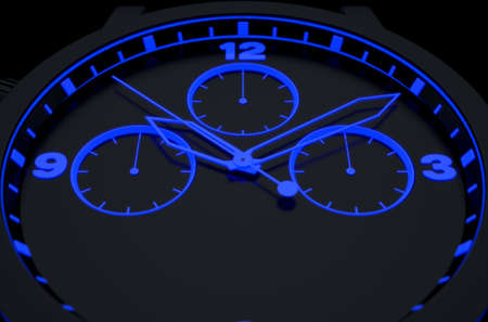 A macro closeup of a modern neon blue lit watch face in black - 3D render