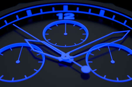A macro closeup of a modern neon blue lit watch face in black - 3D renderの写真素材