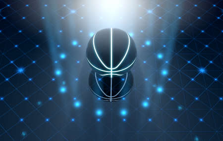A futuristic sports concept of a basketball ball lit with neon markings on a futuristic spotlit stage - 3D renderの写真素材
