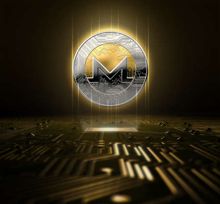 A monera cryptocurrency hologram in gold and silver physical coin form hovvering over a computer...
