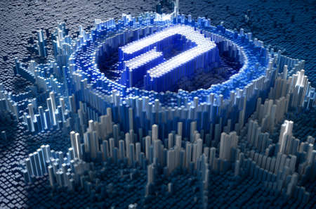 A microscopic closeup concept of small cubes in a random layout that build up to form the dash coin  symbol illuminated - 3D renderの写真素材
