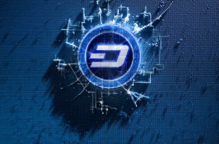 A microscopic closeup concept of small cubes in a random layout that build up to form the dash coin  symbol illuminated - 3D renderの写真素材