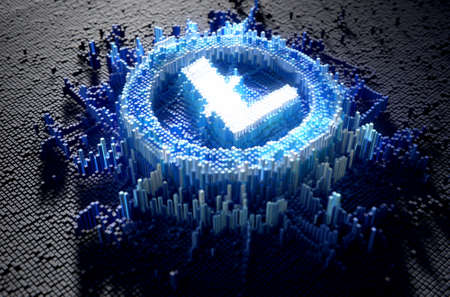 A microscopic closeup concept of small cubes in a random layout that build up to form the litecoin symbol illuminated - 3D renderの写真素材
