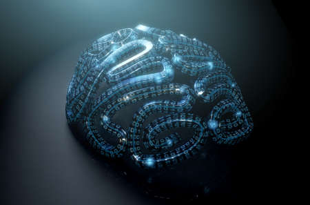 A stylized brain textured with binary computer data code depicting artificial intelligence on an...