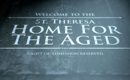 A dilapidated closeup of a sign for the premises of a fictional old age home - 3D render