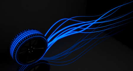 A modern sporty low profile tire with blue futuristic glowing patterns and glowing light trails on a...