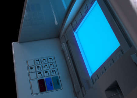 A closeup view of a generic atm facade with an illuminated blank sceen on an isolated background -...