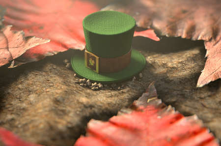 A concept image showing a tiny leprechaun hat apparently lost on the ground surrounded by dead leaves in the day time - 3D renderの写真素材