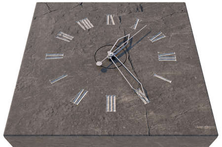 An old stone clock with etched roman numerals standing an a monolithic rock base - 3D render