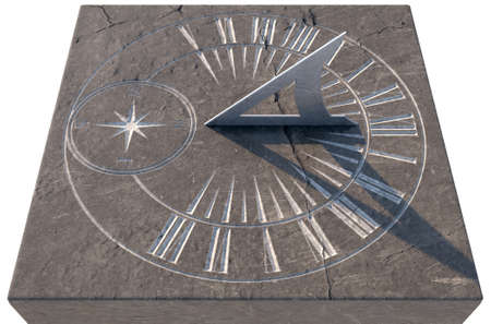 An old stone sundial with etched roman numerals standing an a monolithic rock base - 3D renderの写真素材