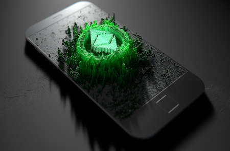 A microscopic closeup concept of small cubes in a random layout that build up to form the ethereum classic symbol illuminated on a generic smartphone - 3D renderの写真素材