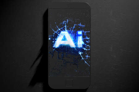 A microscopic closeup concept of small cubes in a random layout that build up to form the word artificial intelligence illuminated on a generic smartphone - 3D renderの写真素材