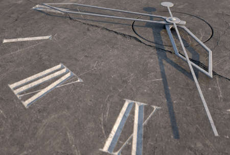 An old stone clock with etched roman numerals standing an a monolithic rock base - 3D render