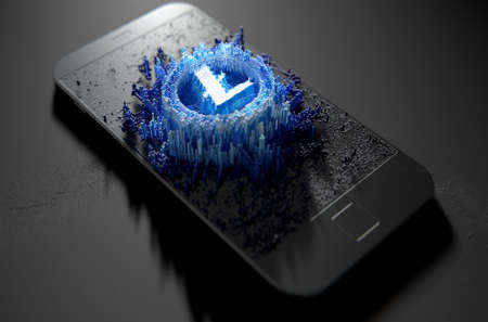 A microscopic closeup concept of small cubes in a random layout that build up to form the litecoin symbol illuminated on a generic smartphone - 3D renderの写真素材