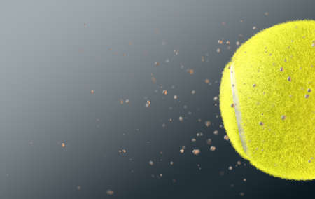 A tennis ball caught in slow motion flying through the air scattering dirt particles in its wake - 3D renderの写真素材