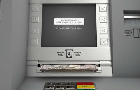 A generic atm facade where the screen indicates that a cardless cash withdrawel has been made and the dollar notes are coming out the cash slot - 3D renderの写真素材