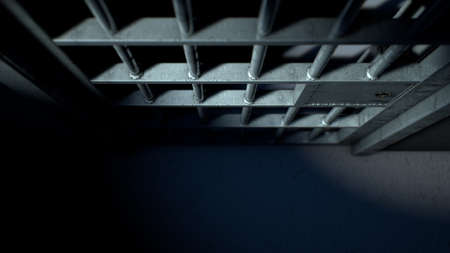 A closeup of the locking mechanism of a closed jail cell with welded iron bars on a dimly lit dark background - 3D renderの写真素材