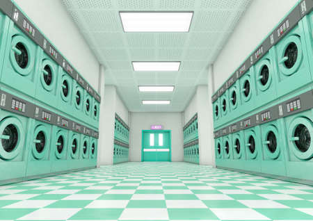A look down a well lit clean aisle of turquoise industrial washing machines in a laundromat - 3D...