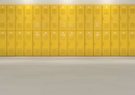 A flat look at a well lit stack of yellow lockers in a school hallway - 3D render