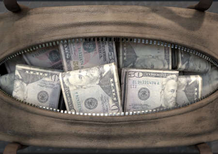 A concept depicting an open brown leather duffel bag revealing bundles of illicit rolled US dollar...