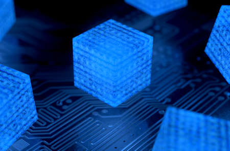 A concept showing a network of interconnected blocks of data depicting a cryptocurrency blockchain data on a dark background - 3D renderの写真素材