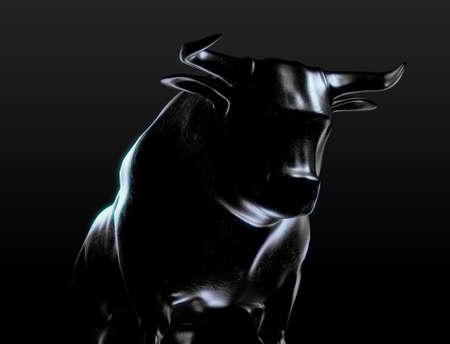 A sculpted casting depicting a bull in dramatic contrasting light representing financial market trends on an isolated dark background - 3D renderの写真素材