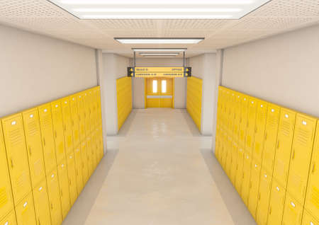 A look down a well lit clean schools hallway of yellow lockers - 3D renderの写真素材