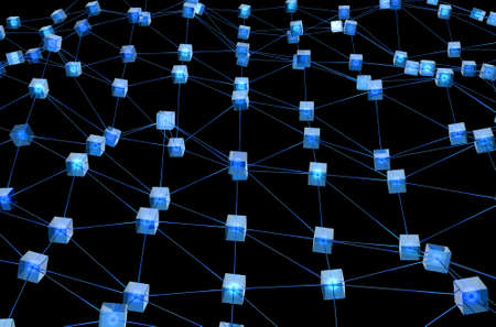 A concept showing a grid of interconnected blocks of data depicting a cryptocurrency blockchain on a...
