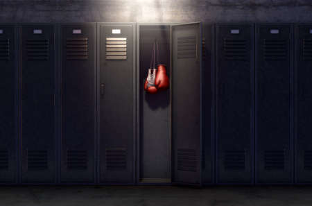 A row of metal gym lockers with one open door revealing that it has a pair of boxing gloves hanging up inside. 3D renderの写真素材