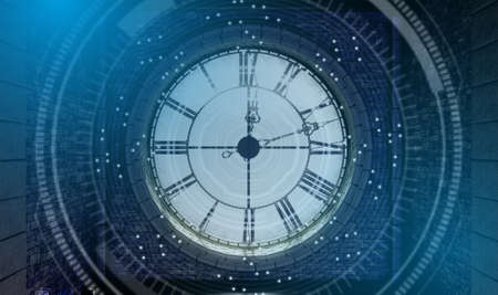 The interior of the attic room behind an antique tower clock backlit and illuminated by the sun overlaid with a technical data anlysis interface - 3D render
の写真素材