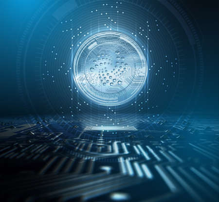 A iota cryptocurrency hologram coin form hovvering over a computer circuit board overlaid with an analytical futuristic pattern - 3D renderの写真素材