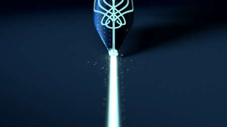 A closeup view of a futuristic fountain pen nib drawing a straight ink line in a glowing luminous...