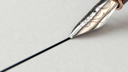 A closeup view of an ornate metal nib of an old fountain pen drawing a straight ink line on a textured paper surface - 3D renderの写真素材