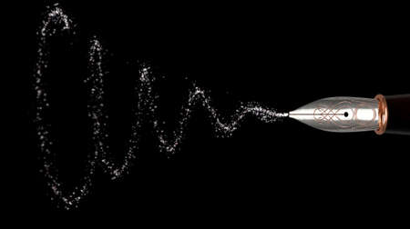 A closeup view of an ornate metal nib of an old fountain pen drawing a spiral shape of sparkles in...