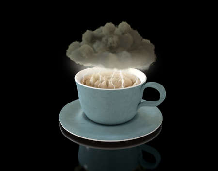 A literal concept of a black storm cloud hoverring over a turbulent cup of tea with lightning...