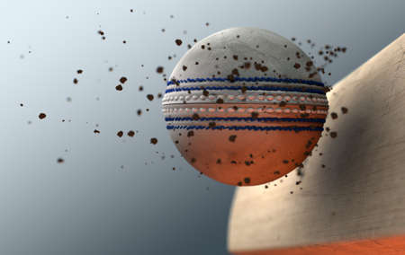 An extreme closeup slow motion action capture of a white cricket ball striking a wooden bat with dirt particles emanating on a dark isolated background - 3D render
の写真素材