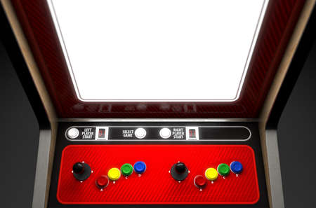 A closeup of a blank screen of a vintage arcade game machine with colorful controllers on an...