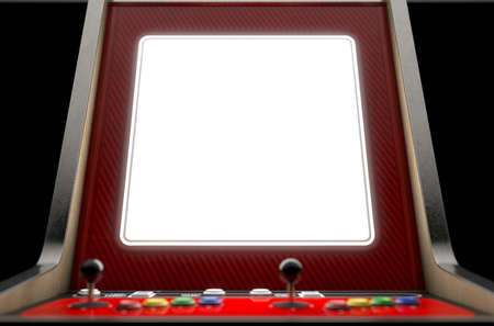 A closeup of a blank screen of a vintage arcade game machine with colorful controllers on an...