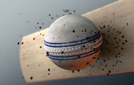 An extreme closeup slow motion action capture of a white cricket ball striking a wooden bat with dirt particles emanating on a dark isolated background - 3D renderの写真素材