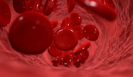 A macro closeup of a blood vein with red blood cells flowing through it - 3D renderの写真素材