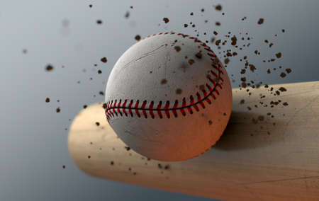An extreme closeup slow motion action capture of a baseball ball striking a wooden bat with dirt particles emanating on a dark isolated background - 3D renderの写真素材