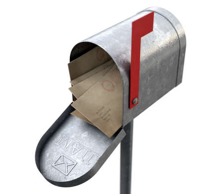 An open old school retro tin mailbox bulging with a stack of letters and envelopes crammed into it on an isolated background - 3D renderの写真素材