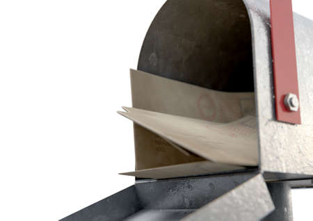 An open old school retro tin mailbox bulging with a stack of letters and envelopes crammed into it on an isolated background - 3D renderの写真素材