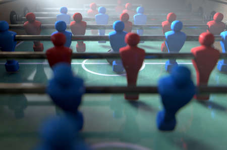 A closeup look of figurines of a foosball table lit by dramatic lighting - 3D render