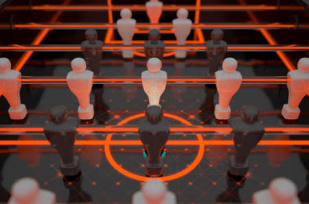 A closeup look of the figurines of a futuristic foosball table lit by dramatic luminous markings and...