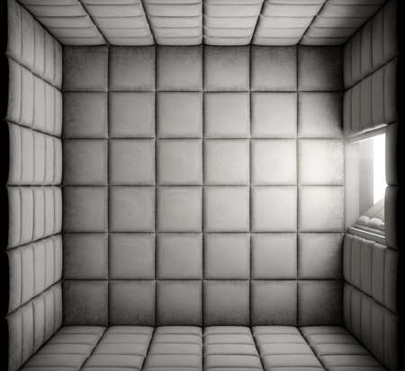 An empty white padded cell with an open door in a mental hospital - 3D renderの写真素材