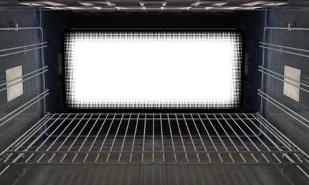 A cross section upclose view from inside an empty household oven looking towards the shut door - 3D...