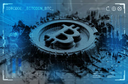 Extruded metal particles that build up to form a physical  bitcoin cryptocurrency symbol overlaid...
