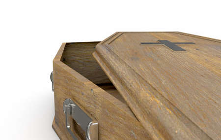 A slightly open empty wooden coffin with a metal crucifix and handles on an isolated white studio...
